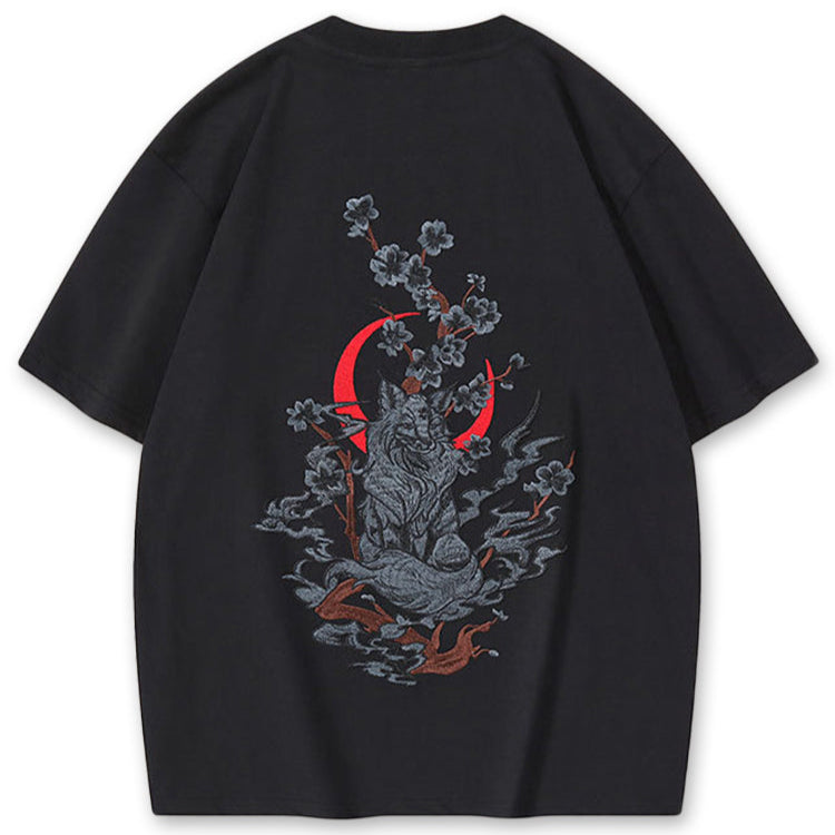 Moonlight Kitsune Embroidered T-shirt
