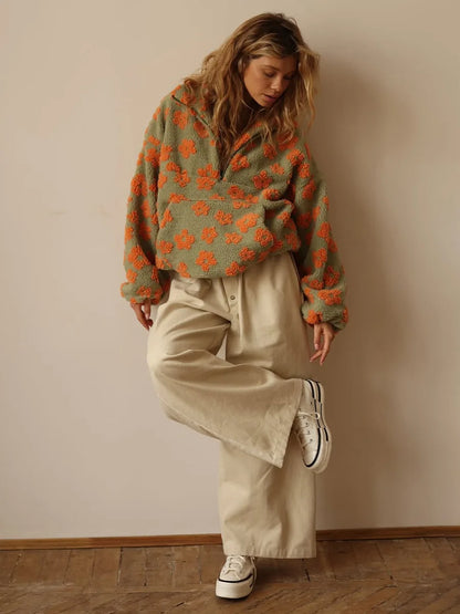 Floral Sherpa Half-Zip Pullover