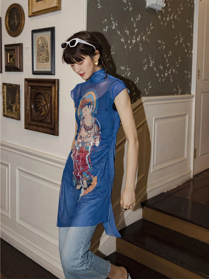 Buddhist Art Inspired Mesh Turtleneck Top