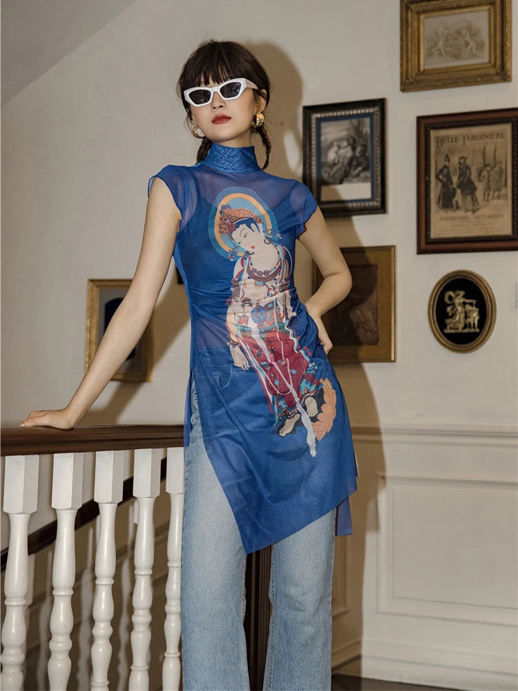 Buddhist Art Inspired Mesh Turtleneck Top