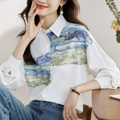 Van Gogh Painting Button Up Blouse