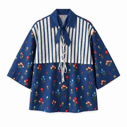 Botanical Patchwork Short Sleeve Shirt flat lay on white background