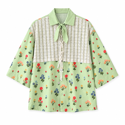 Botanical Patchwork Short Sleeve Shirt green flat lay on white background