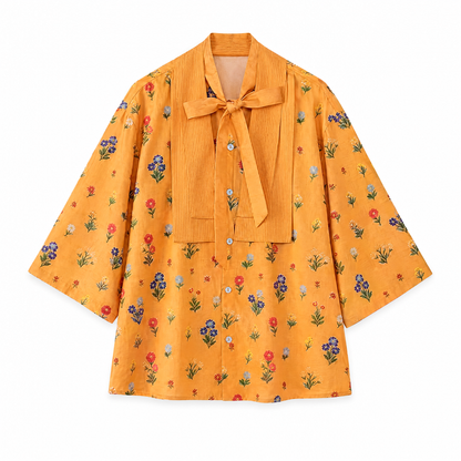 Floral Patchwork Tie-Up Shirt Yellow flat lay on white background