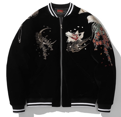 Kitsune Spirit Sukajan Bomber Jacket (Black & Red)