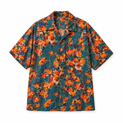 vintage floral vacation shirt flat lay on white background