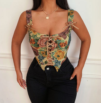 Rococo Floral Lace Up Corset Top