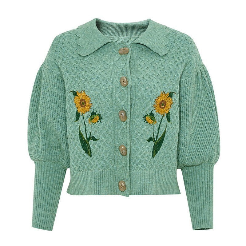 Van Gogh sunflowers Puff Sleeve Knitted Cardigan