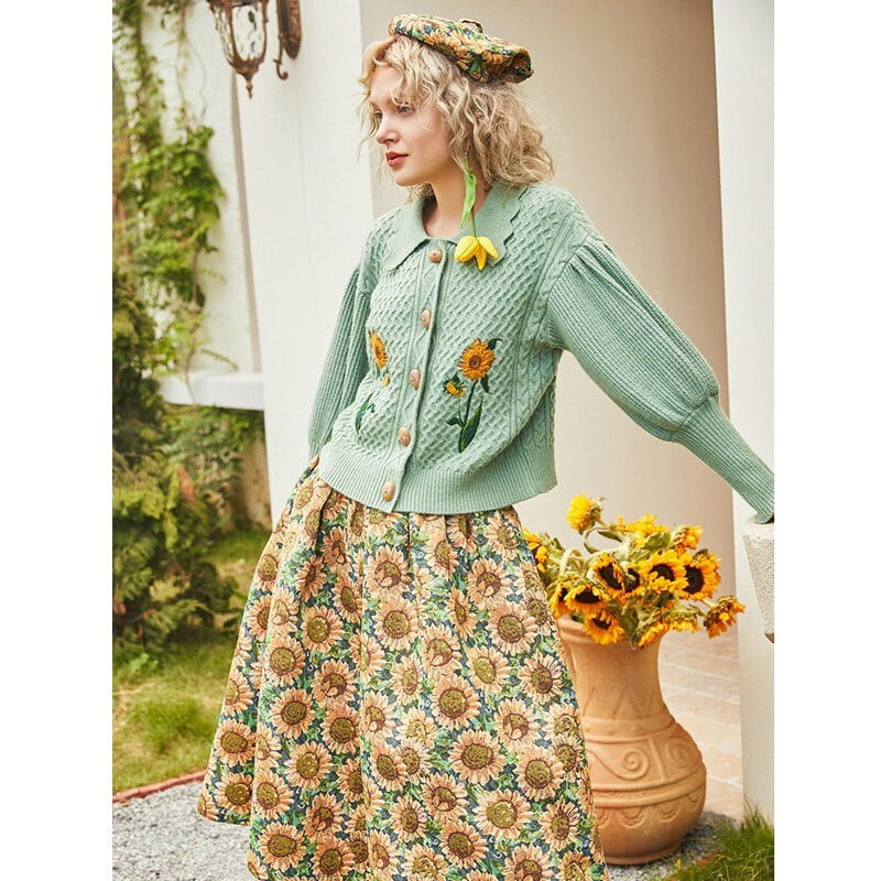 Van Gogh sunflowers Puff Sleeve Knitted Cardigan