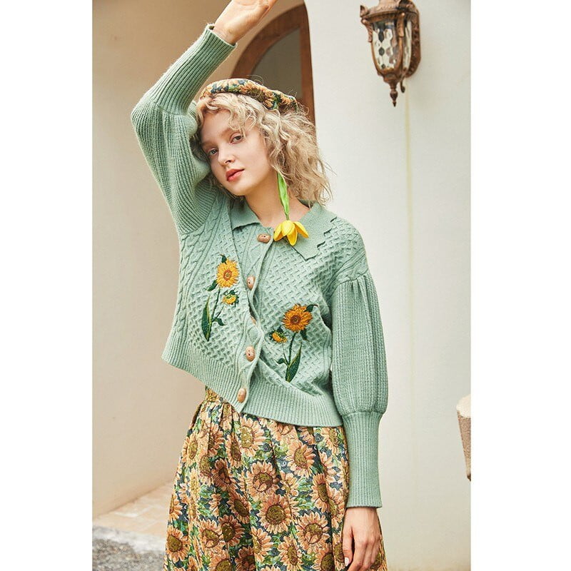 Van Gogh sunflowers Puff Sleeve Knitted Cardigan