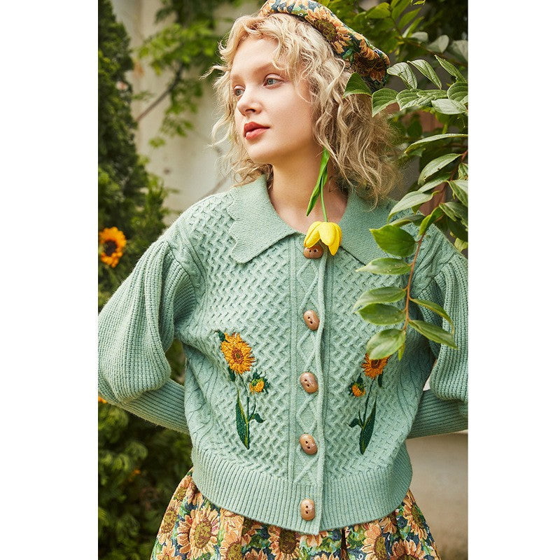 Van Gogh sunflowers Puff Sleeve Knitted Cardigan