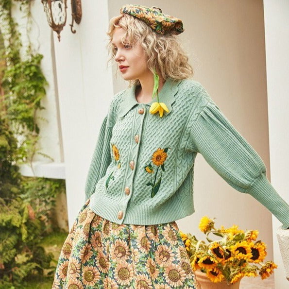 Van Gogh sunflowers Puff Sleeve Knitted Cardigan